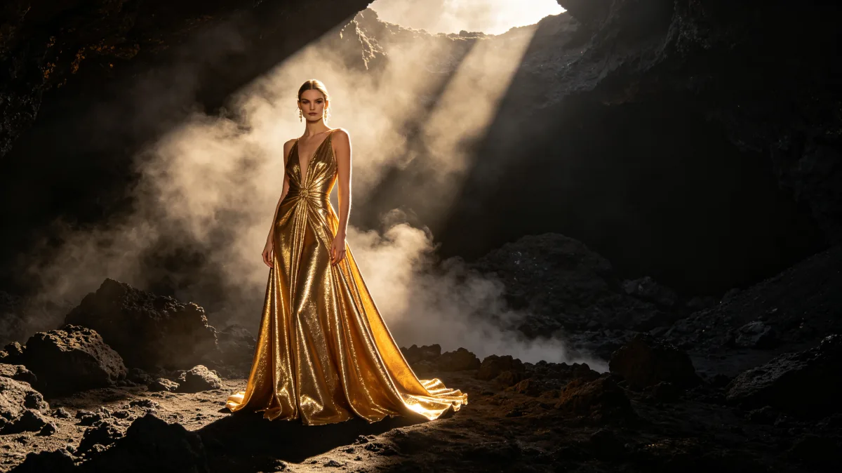 Golden Fashion Figure In Storm Landscape