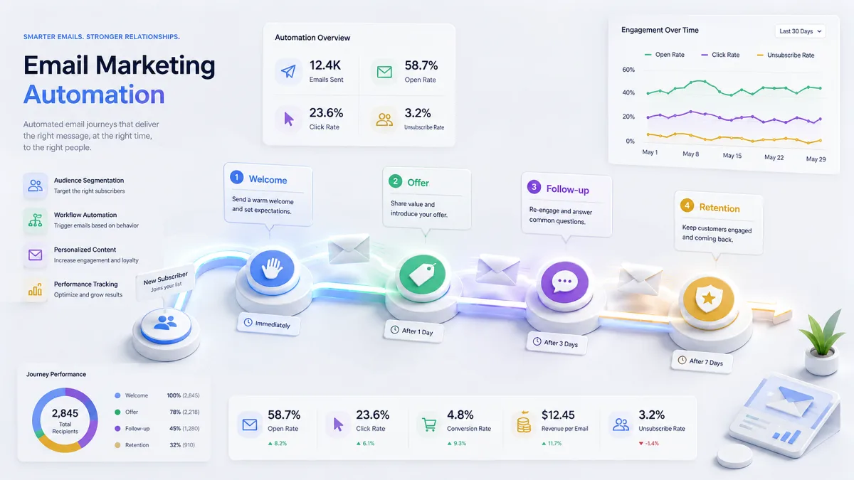 A clean email marketing automation dashboard shows workflow steps, campaign metrics, segmentation cards, and performance charts on a white interface.