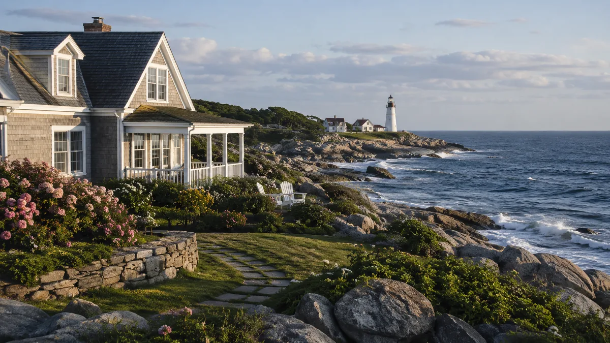 A coastal cottage overlooks rocky shoreline and a distant lighthouse, surrounded by gardens, ocean water, and blue sky.