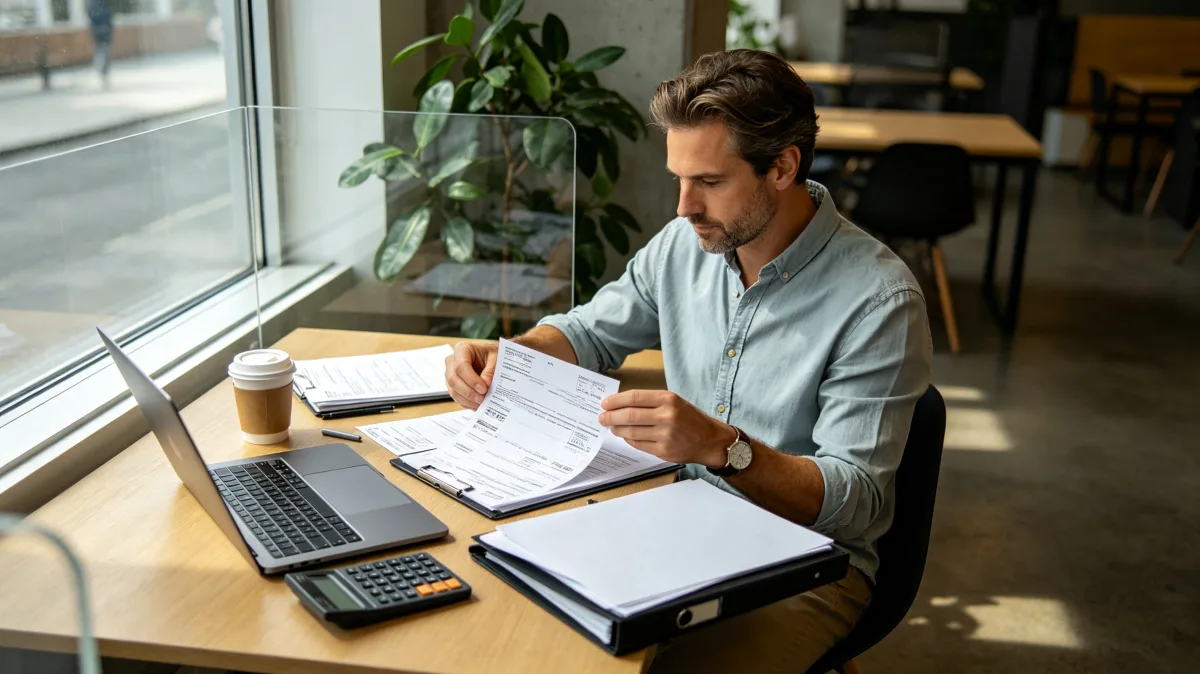 A man writes in a notebook beside a laptop, phone, clipboard, and coffee near a large window, showing concentrated planning, scheduling, and calm office productivity in natural light.