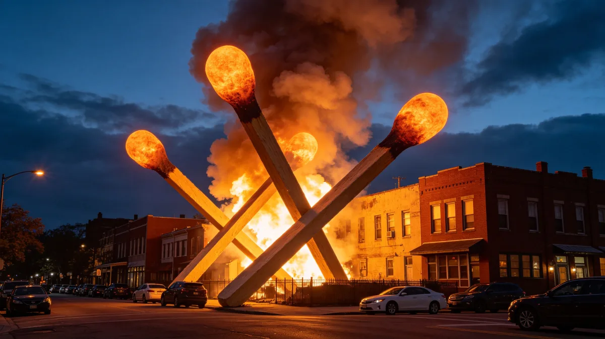 oversized burning matches lean together near city buildings at dusk, producing an urgent visual about risk, ignition, crisis, energy, fire danger, or explosive moments in public life.