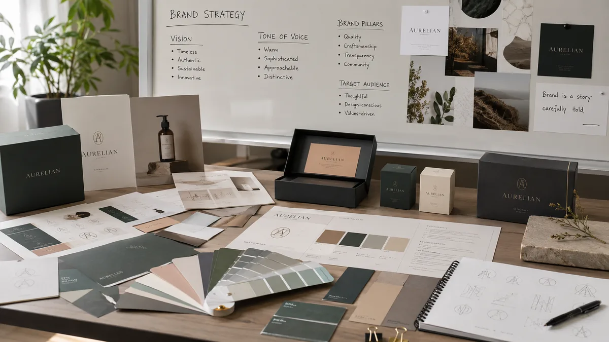 A brand strategy table shows mood boards, packaging concepts, printed color palettes, notebooks, and sample materials for a visual identity review.
