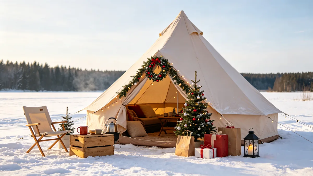 winter glamping tent beside frozen lake with Christmas decor