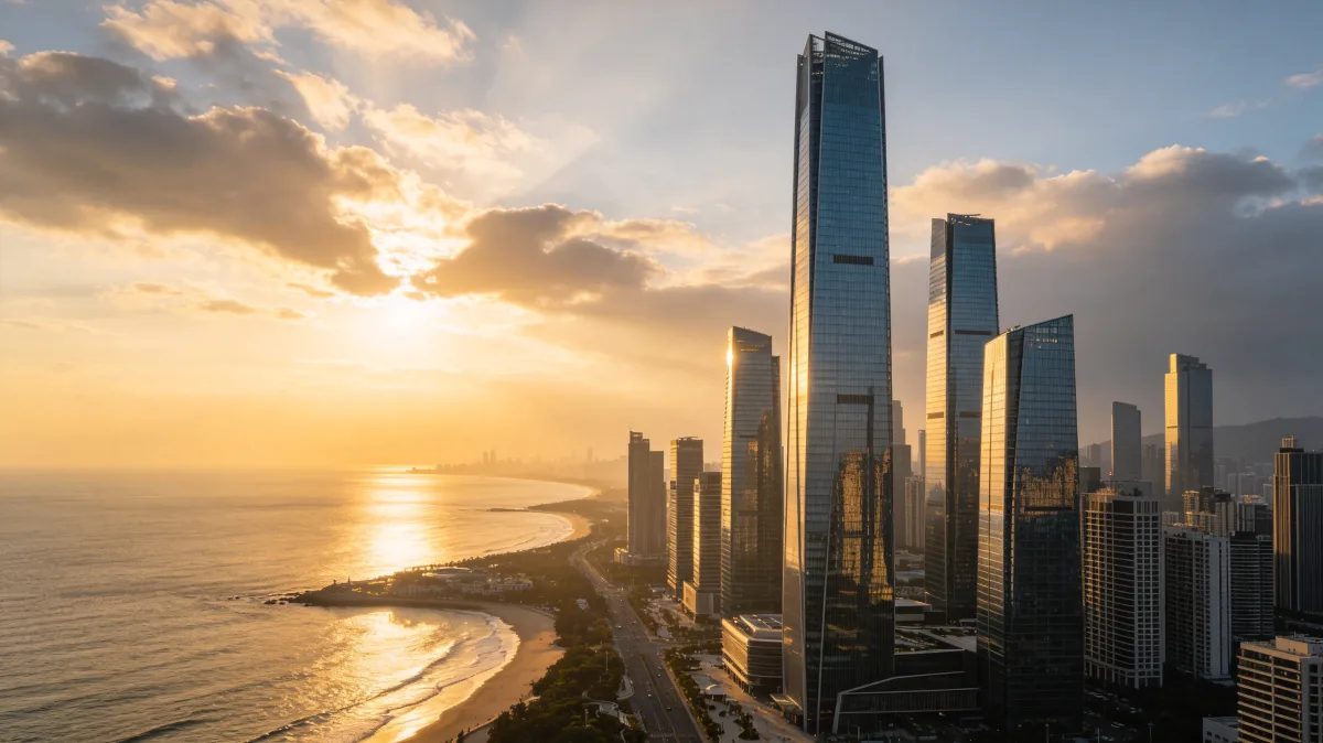 Golden Futuristic City Skyline At Sunset