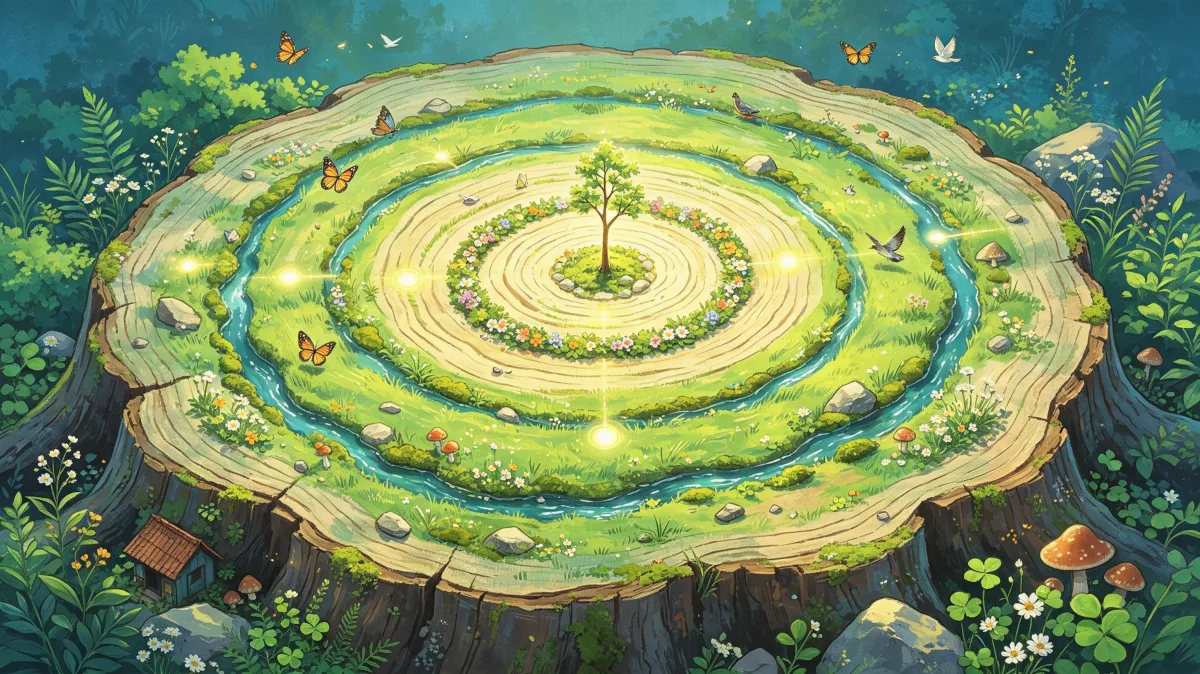 A spiral garden maze circles around a small central tree with butterflies, mushrooms, and grass paths, creating a symbolic green land image about growth, planning, harmony, and protected botanical...