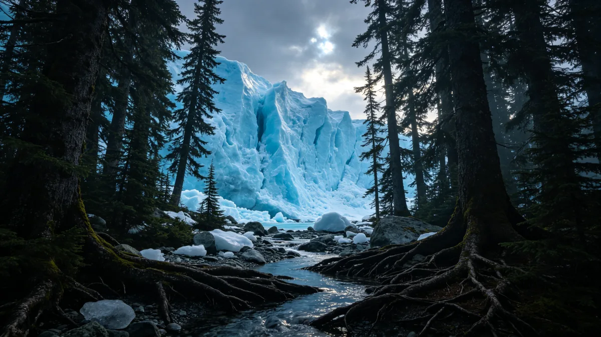 pine forest framing blue glacier and rocky stream