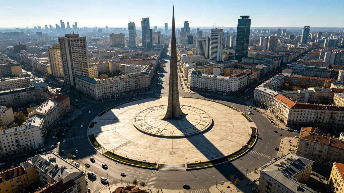 a tall sundial-like pointer casts a long shadow across a circular city plaza, making a precise urban image about timekeeping, public architecture, navigation, and the geometry of daylight.
