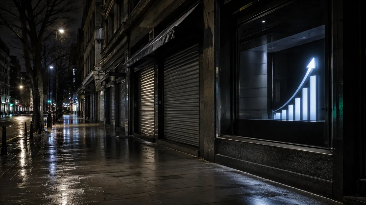 A wet city street with shuttered storefronts and a rising chart in a window suggests business closure, recovery hopes, and local economic decline.