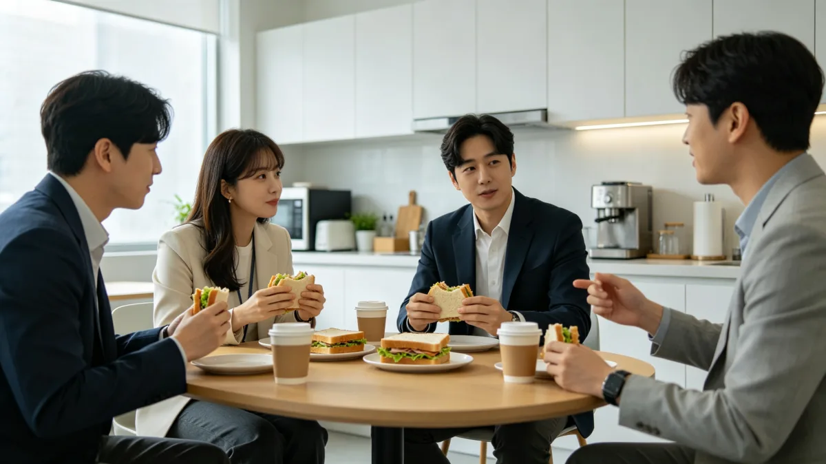 Team lunch meeting in office kitchen