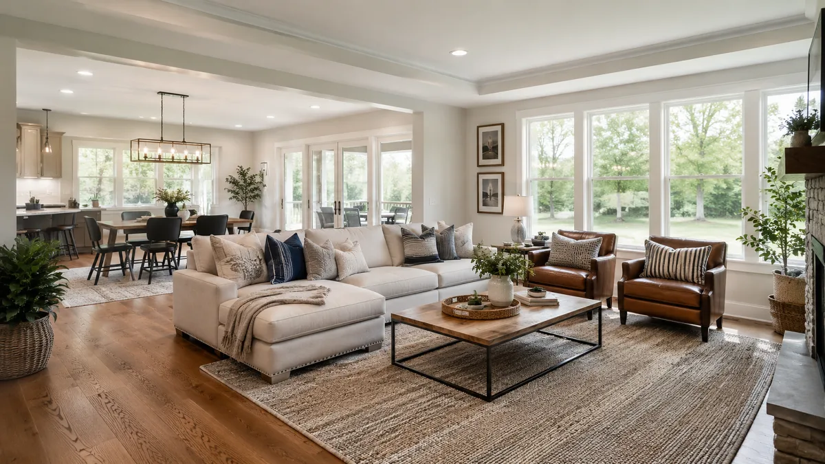 A staged living room opens to dining and kitchen areas with neutral furniture, wood floors, large windows, and indoor plants.