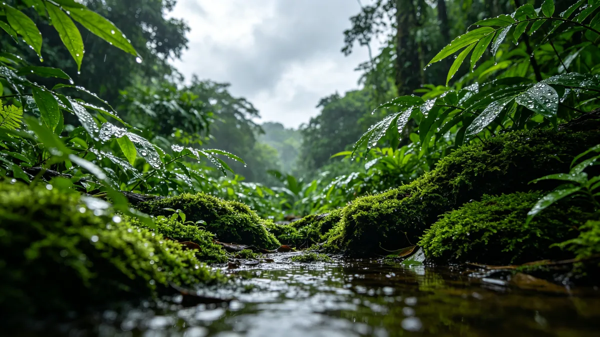 rainforest stream flowing through mossy rocks and green leaves