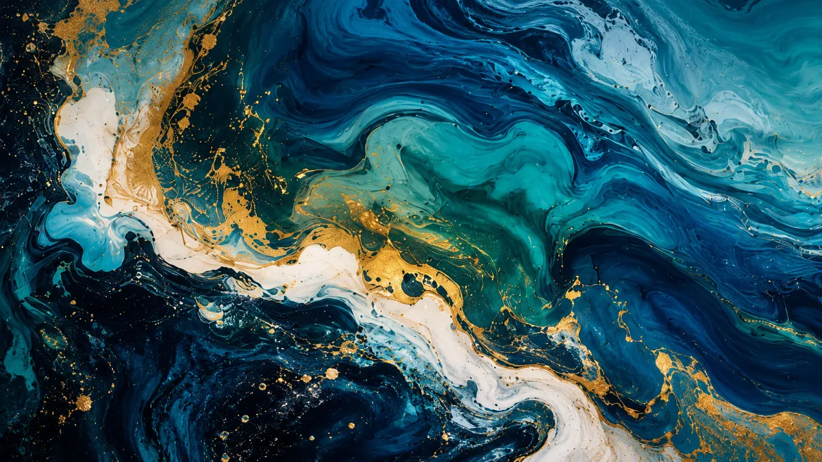 teal blue white and gold abstract marble flow