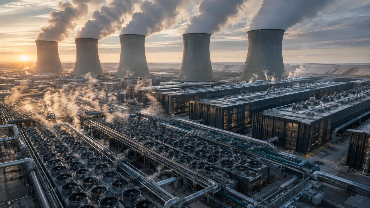 A broad industrial power station with cooling towers and steam illustrates the energy-intensive foundation of cloud platforms, internet infrastructure, data processing, and large technology...