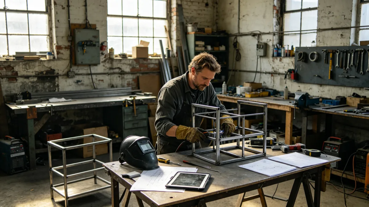 A man works alone at a drafting table inside a raw industrial workshop with metal frames, tools, drawings, and daylight through high windows, showing hands-on engineering and practical planning.