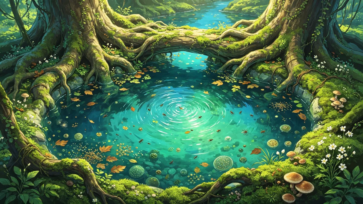 A luminous pond glows beneath arching roots and mossy stones, with ripples and flowers creating a secret woodland pool for fantasy backgrounds, meditation themes, natural magic, and enchanted...