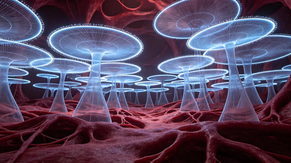 Neon mushroom forms glow across a red and blue surreal forest floor.