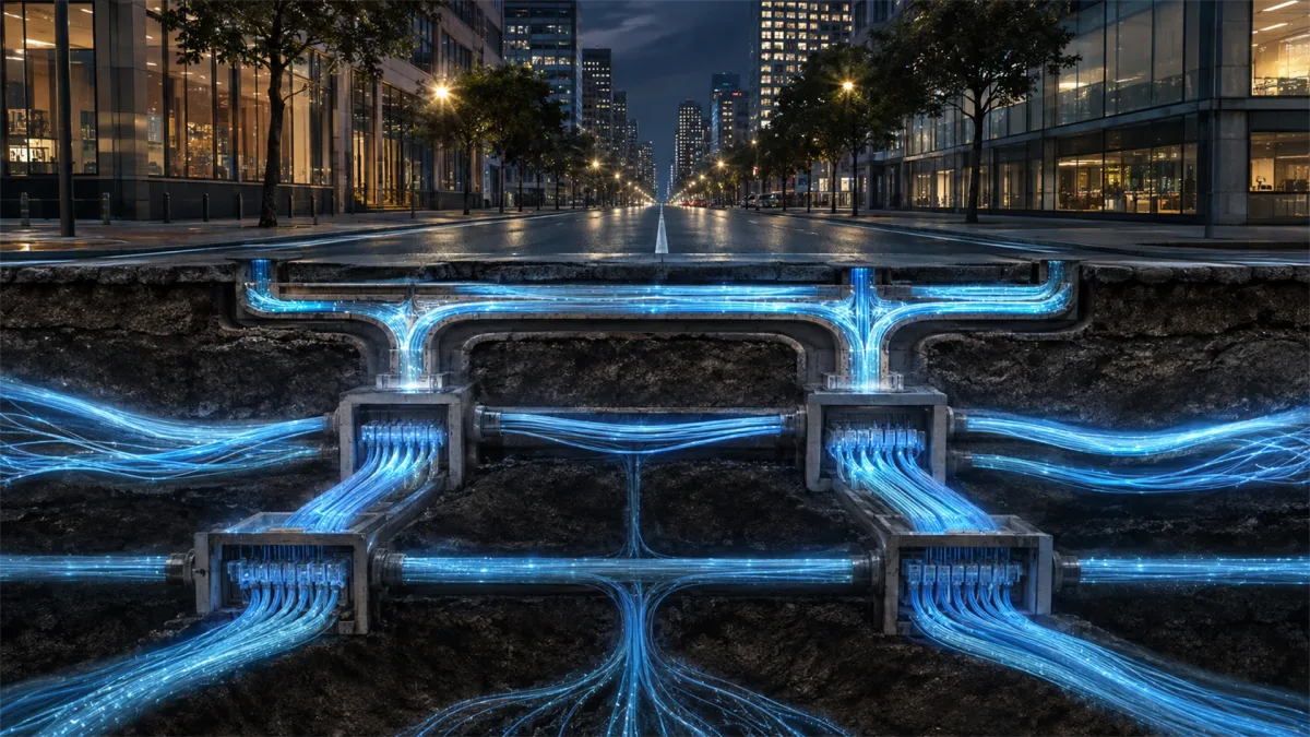Blue light trails trace paths through a city street and converge around manholes and pavement channels, suggesting underground fiber routing, municipal connectivity, smart street systems, and...