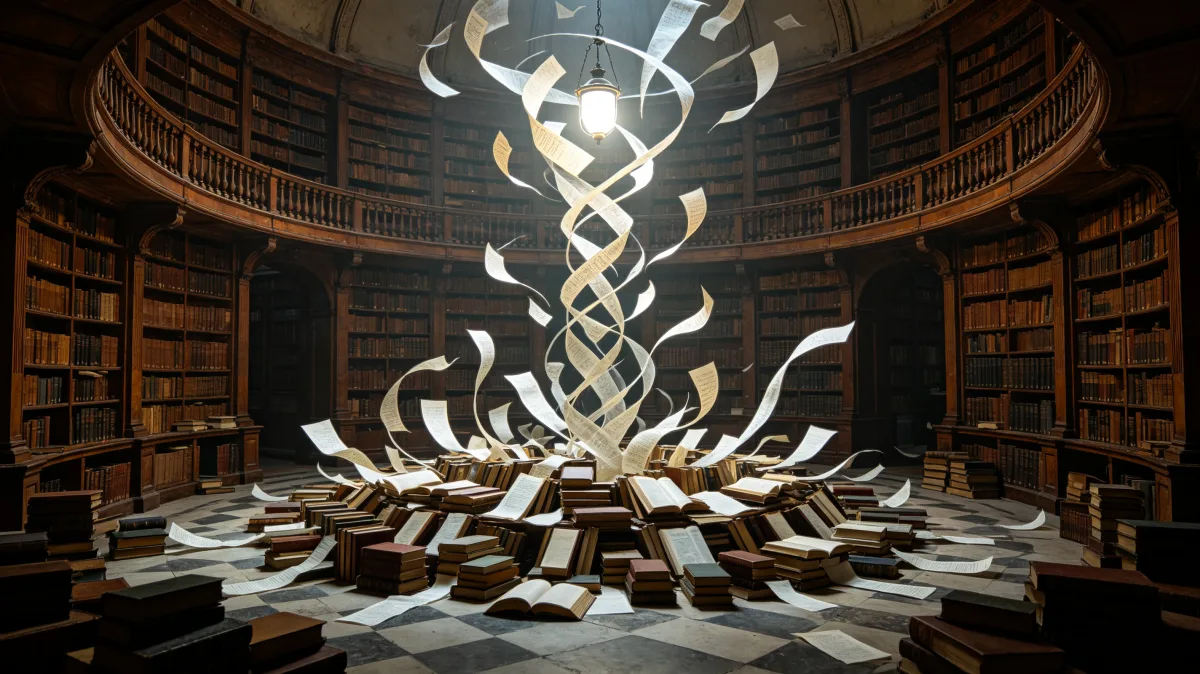 Loose papers spiral upward from an old library table into bright white light.