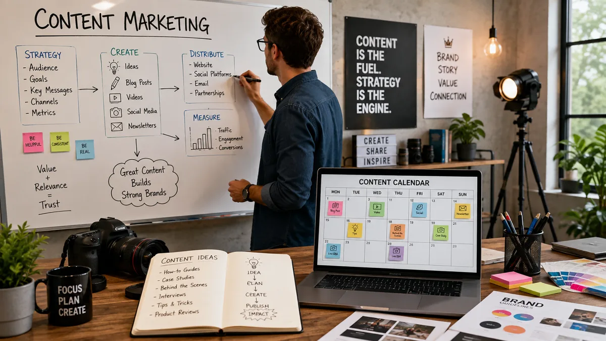A presenter writes on a content marketing whiteboard surrounded by topic clusters, production notes, calendar screens, cameras, and desk planning tools.