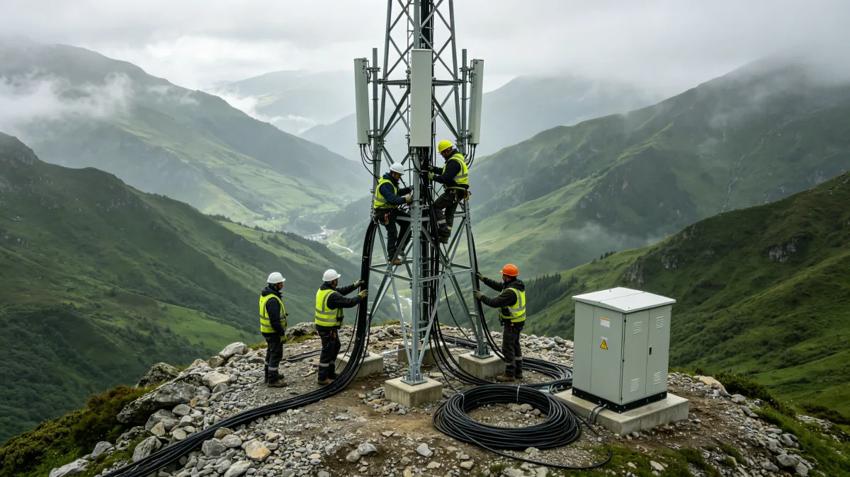 Utility workers service a remote tower in a misty mountain landscape.