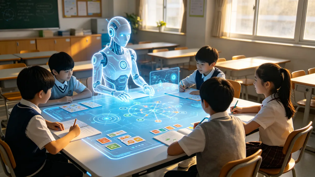 Students studying with holographic AI tutor and interactive classroom table