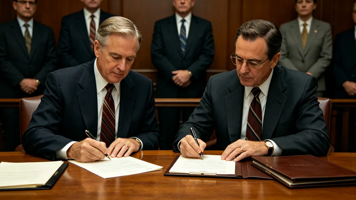 Executives signing business agreement at formal table
