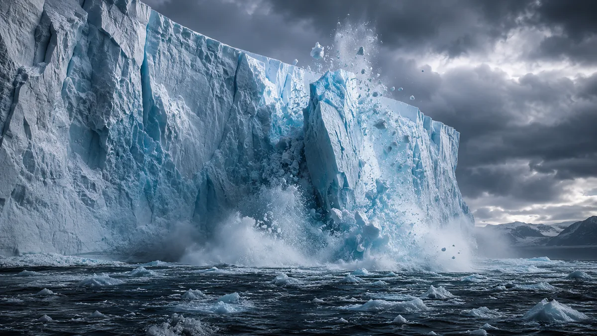 large blue iceberg in stormy ocean under gray clouds