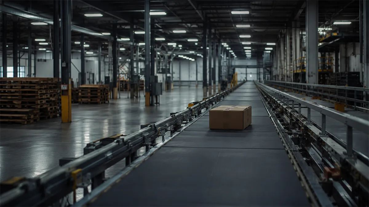 A single cardboard box sits on a long empty conveyor belt in a dark warehouse, suggesting reduced output, weak demand, or logistics slowdown.