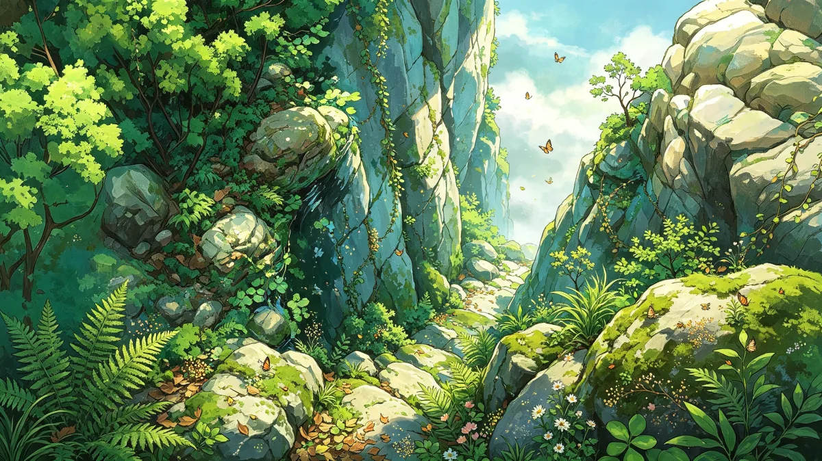 A steep green cliff is covered with ferns, vines, rocks, and mist from nearby falling water, creating a fresh vertical landscape for rainforest themes, hidden valleys, exploration, and dense...