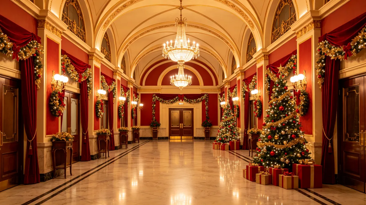 historic hallway with Christmas trees, garlands, and chandeliers