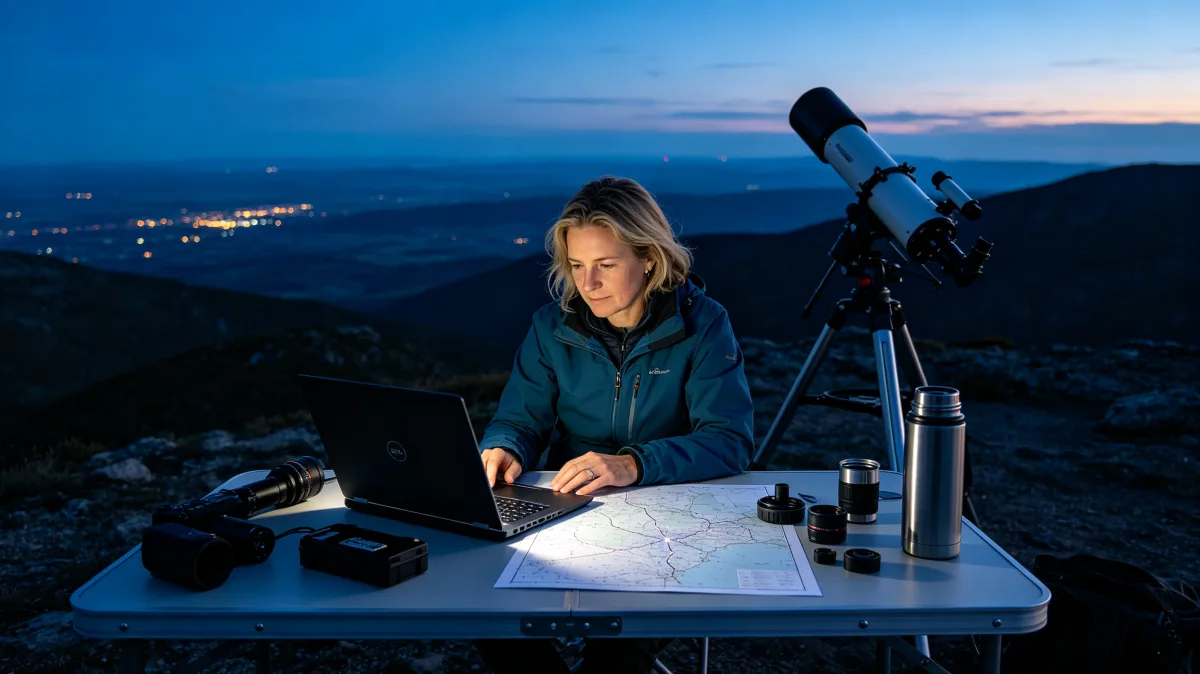 A woman writes notes at a lit outdoor table beside a telescope under a dark mountain sky, showing scientific observation, field documentation, astronomy work, and quiet concentration at night.