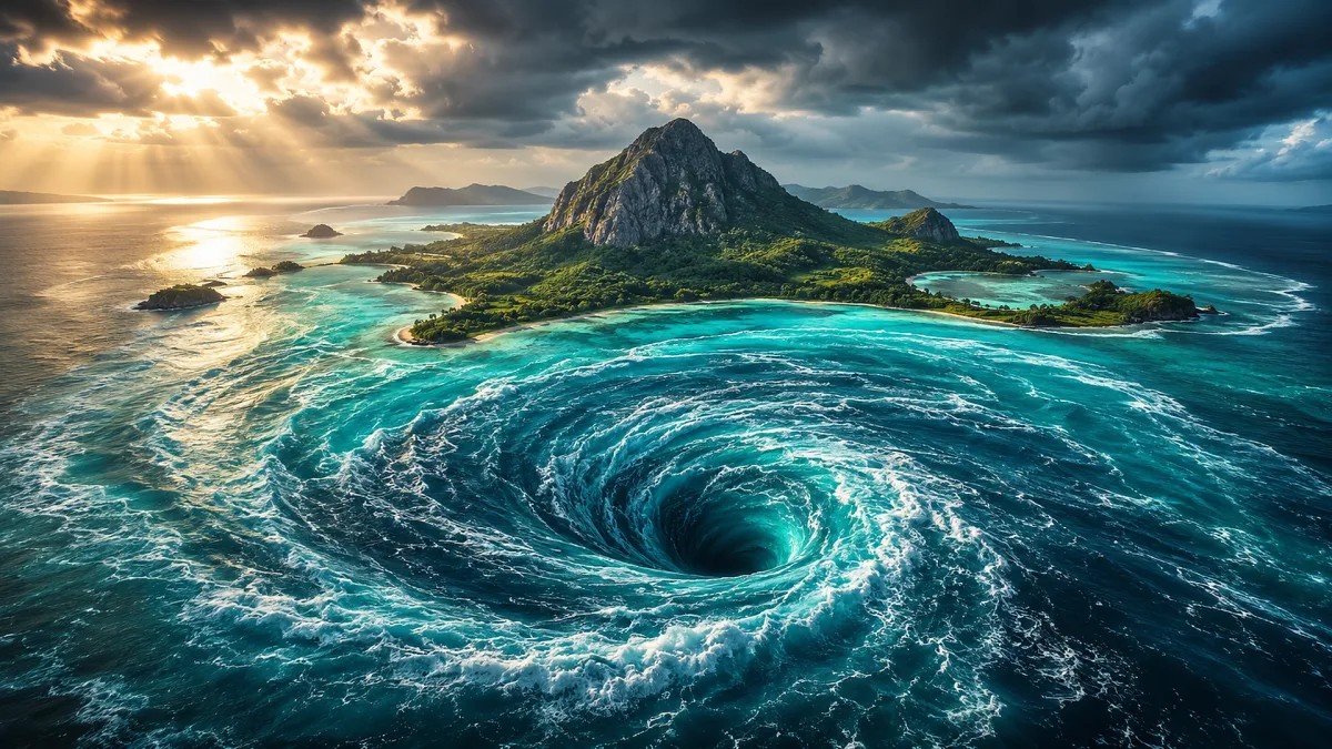 large ocean whirlpool beside tropical island under dramatic sky