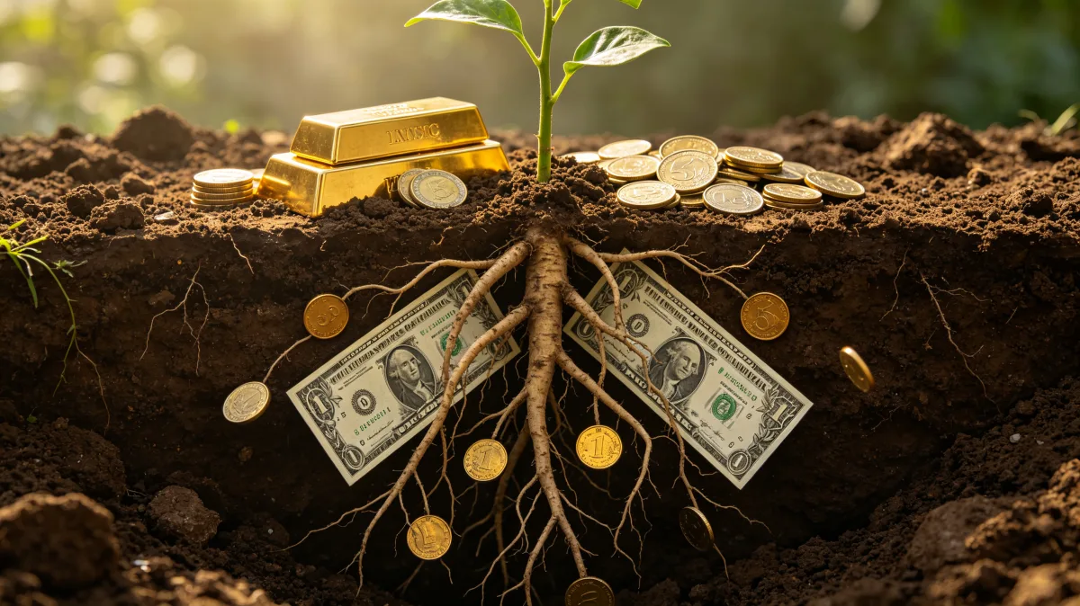 A small yellow truck sits near soil where paper bills and coins appear like roots beneath a sprouting plant, suggesting the hidden foundation of investment, growth, work, and long-term value creation.