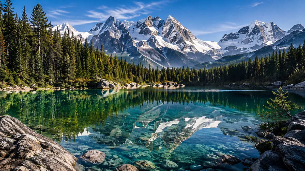 A clear alpine lake reflects snow-covered peaks and evergreen forest.