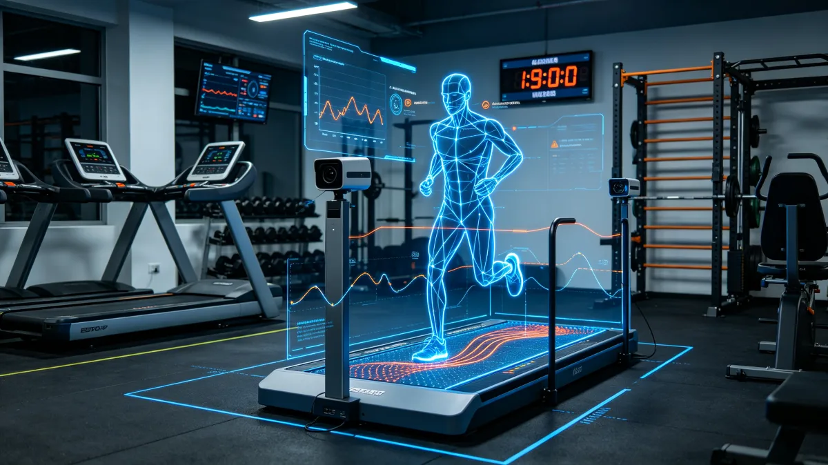 Smart treadmill displaying holographic runner and fitness performance metrics