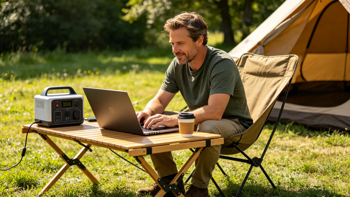 A man works on a laptop at a folding table beside a tent with a portable power station and coffee, showing off-grid remote work, outdoor productivity, and travel-friendly digital routines.