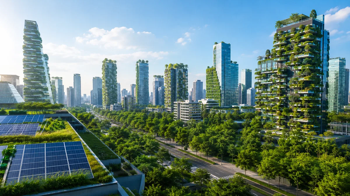 A green smart city skyline integrates trees, towers, solar panels, and urban sustainability.