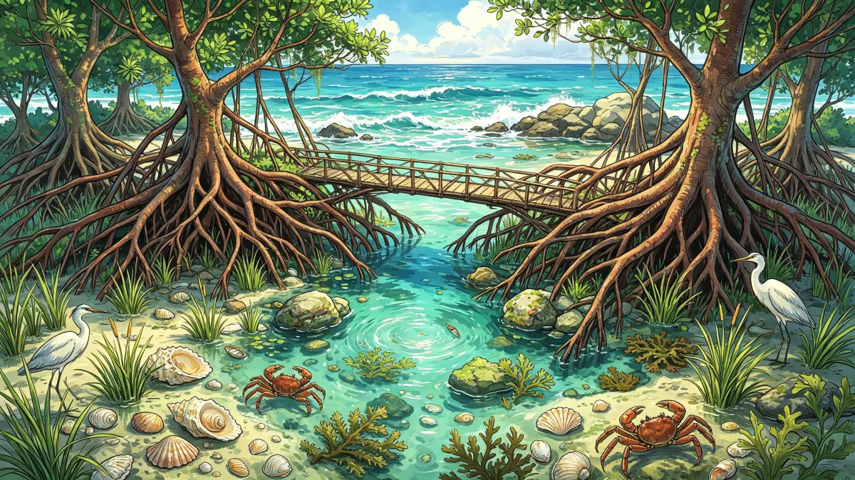 Twisted mangrove roots frame clear shallow water, white birds, beach plants, and a bright tropical shoreline, offering a rich coastal ecology scene for wetlands, marine nature, and warm green...