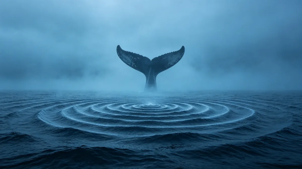 a whale tail rises from a misty blue sea, sending circular ripples outward.