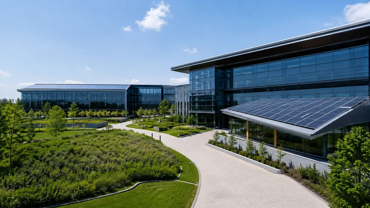 A modern campus building uses solar panels and green landscaping around a clean walkway.