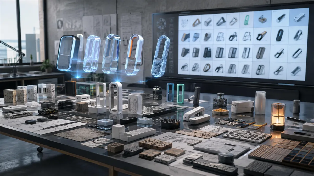 A product design studio displays transparent device models, component layouts, and interface boards for future hardware concept development.