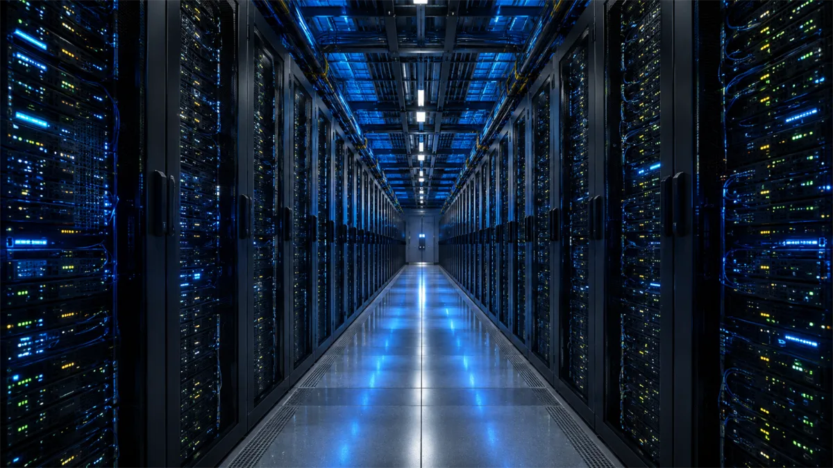 a long server aisle glows with deep blue indicator lights on both sides, creating a dramatic image of cloud hosting, secure storage, network density, and always-running digital infrastructure.