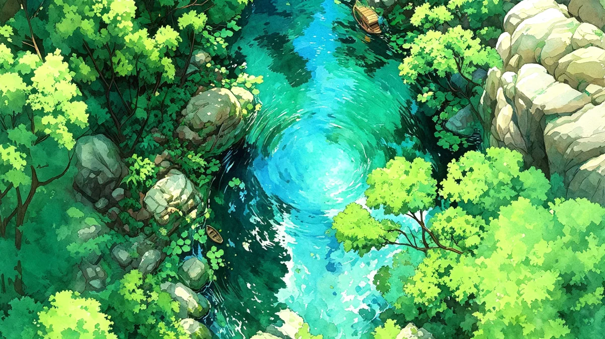 Top down turquoise river through green forest rocks