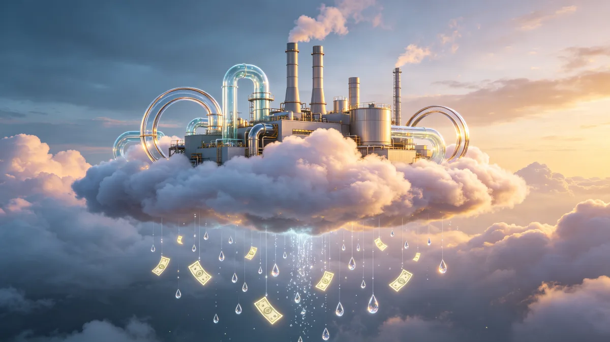 A small industrial facility sits on a cloud that rains coins and banknotes, mixing production, profit, and surreal weather into an imaginative business-finance concept.