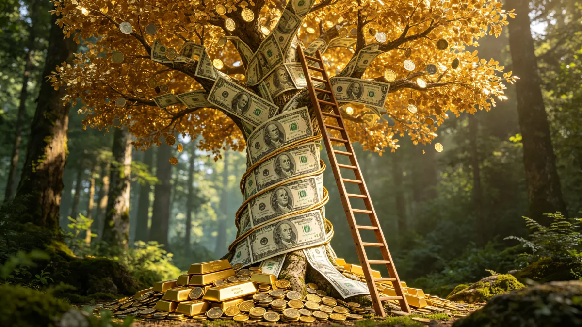 A large tree wrapped in dollar bills and gold leaves stands in a forest with a ladder leaning against it, making a memorable wealth-building image about climbing toward opportunity, harvest, and...