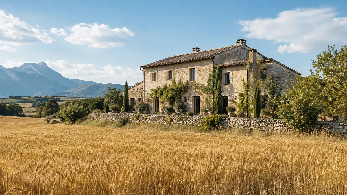 A rustic stone country house stands in a wheat field with mountains behind it, showing rural residential property and old-world charm.