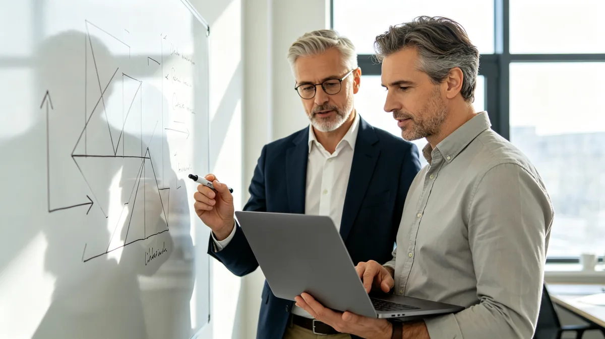 Two suited professionals look at a tablet while standing near a glass meeting area, suggesting executive review, mobile reporting, decision support, and fast workplace communication.