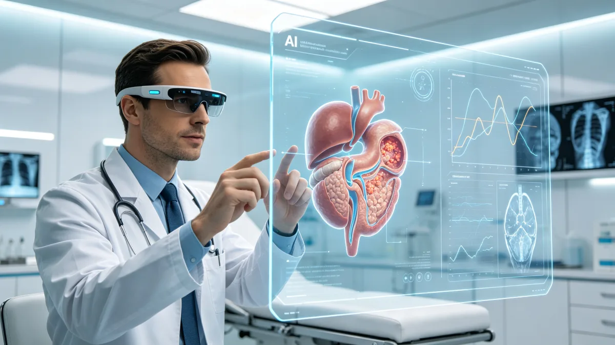 Doctor with smart glasses examining holographic kidney anatomy display