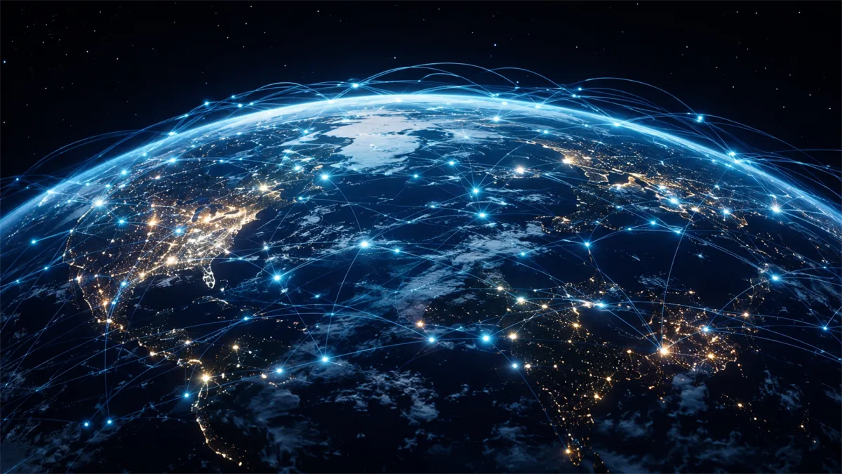 A blue digital mesh wraps around the night side of Earth, showing points of connection across countries and oceans as a symbolic view of internet scale, global services, cybersecurity, and cloud...