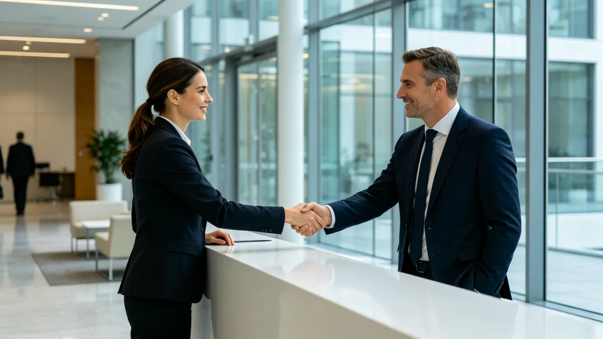 Professionals shaking hands at corporate reception desk